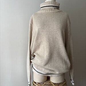 2/$40  1990s Striped Trim Turtleneck Sweater | Vintage Soft Oatmeal Knit